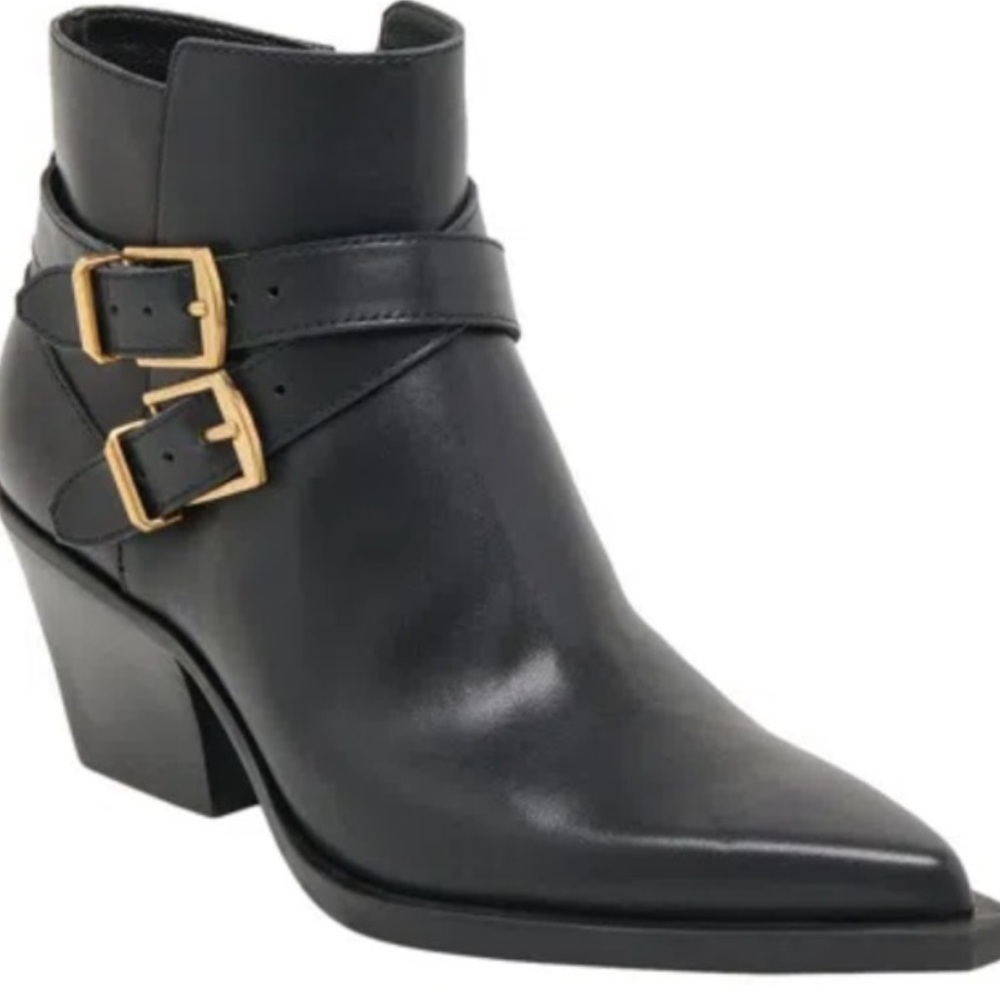 Dolce Vita Rayner Black Leather Heeled Boots with Gold Buckles